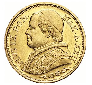 obverse: PIO IX  (1846-1878)  20 Lire 1867 A. XXII R, Roma   Varesi 175   Pagani 531   Au   6,45 g   21,6 mm   SPL  