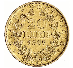 reverse: PIO IX  (1846-1878)  20 Lire 1867 A. XXII R, Roma   Varesi 175   Pagani 531   Au   6,45 g   21,6 mm   SPL  