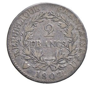 reverse:  NAPOLEONE I  (1804-1814)  2 Franchi 1807  U, Torino   Pagani 38   Mont. 43   Gig. 38   Ag   10 g circa   27 mm circa   RRRR   • Sigillata MB da Raffaele Negrini; ex Negrini 40/1420