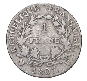 reverse:  NAPOLEONE I  (1804-1814)  1 Franco 1807  U, Torino   Pagani 47   Mont. 52   Gig. 47   Ag   g 4,88   22,8 mm   RRRR   • Graffio al D/; pulita   B/MB  