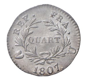 reverse:  NAPOLEONE I  (1804-1814)  Quarto di Franco 1807  U, Torino   Pagani 63   Mont. 68   Gig. 65   Ag   1,25 g circa   14,5 mm circa   RR   • Di eccezionale conservazione, Sigillata FDC da Emilio Tevere   FDC  