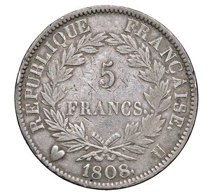 reverse:  NAPOLEONE I  (1804-1814)  5 Franchi 1808  U, Torino   Pagani 29   Mont. 34   Gig. 26   Ag   24,76 g   37,1 mm   RRR   • Ex Varesi 75/628; moneta mancante in tante collezioni di livello, inclusa la Mantegazza !   MB+  