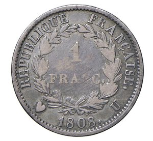 reverse:  NAPOLEONE I  (1804-1814)  1 Franco 1808  U, Torino   Pagani 48   Mont. 53   Gig. 48   Ag   4,88 g   23 mm   RRR   • Patinata; ex Artemide L/860   BB/MB  