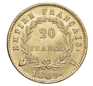 reverse:  NAPOLEONE I  (1804-1814)  20 Franchi 1809  U, Torino   Pagani 20   Mont. 25   Gig. 13   Au   6,43 g   21 mm   RRRR   • Ex Varesi 61/402   BB÷SPL  