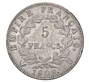 reverse:  NAPOLEONE I  (1804-1814)  5 Franchi 1809  U, Torino   Pagani 30   Mont. 36   Gig. 27   Ag   24,93 g   37,1 mm   RR   • Ex InAsta 42/1638; ottimo dritto, dei buoni rilievi e dettagli ma leggermente lucidata   q.SPL/BB  