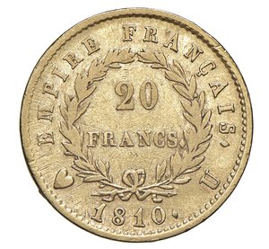 reverse:  NAPOLEONE I  (1804-1814)  20 Franchi 1810  U, Torino   Pagani 21   Mont. 26   Gig. 15   Au   6,33 g   20,8 mm   RR   • Ex Varesi 61/403   q.BB  