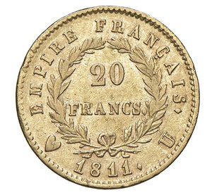 reverse:  NAPOLEONE I  (1804-1814)  20 Franchi 1811  U, Torino   Pagani 22   Mont. 27   Gig. 16   Au   6,41 g   21 mm   R   • Ex Artemide XXVII/525; bordo irregolare, altrimenti   m.BB  