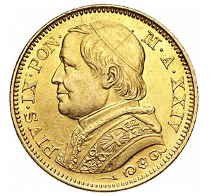 obverse: PIO IX  (1846-1878)  20 Lire 1869 A. XXIV R, Roma   Varesi 180   Pagani 536   Au   6,44 g   21,6 mm   q.FDC  