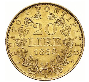 reverse: PIO IX  (1846-1878)  20 Lire 1869 A. XXIV R, Roma   Varesi 180   Pagani 536   Au   6,44 g   21,6 mm   q.FDC  