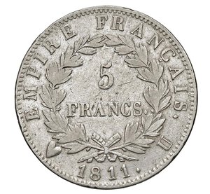 reverse:  NAPOLEONE I  (1804-1814)  5 Franchi 1811  U, Torino   Pagani 32   Mont. 37   Gig. 29   Ag   24,82 g   37 mm   R   q.BB  