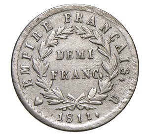 reverse:  NAPOLEONE I  (1804-1814)  Mezzo Franco 1811 contorno liscio, U, Torino   Pagani 59a   Mont. 64   Gig. 61   Ag   2,45 g   17,9 mm   RR   • Ex Nomisma 40/1006 con la nota 