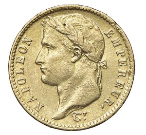 obverse:  NAPOLEONE I  (1804-1814)  20 Franchi 1812  R coronata, Roma   Pagani 92   Mont. 75   Gig. 17   Au   6,41 g   21 mm   R   • Ex Varesi 56/330; la moneta presenta lievi segni di contatto sia sul collo e sia  sulla guancia, originati in zecca. Ottima qualità per l emissione   q.SPL  