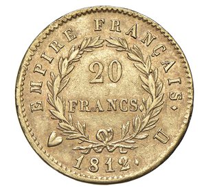 reverse:  NAPOLEONE I  (1804-1814)  20 Franchi 1812  U, Torino   Pagani 23   Mont. 100   Gig. 18   Au   6,42 g   21 mm   RRR   • Ex Varesi 56/331   q.SPL/BB  