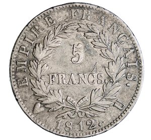 reverse: NAPOLEONE I  (1804-1814)  5 Franchi 1812, Torino   Pagani 33   Gad. 584   Ag   24,85 g   37,1 mm   RR   q.BB  