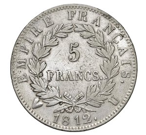 reverse:  NAPOLEONE I  (1804-1814)  5 Franchi 1812  U, Torino   Pagani 33   Mont. 38   Gig. 31   Ag   24,90 g   37 mm   RR   MB  