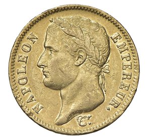 obverse:  NAPOLEONE I  (1804-1814)  40 Franchi 1813  CL, Genova   Pagani 22   Mont. 99   Gig. 9   Au   12,84 g   26 mm   RRRR   • Ex InAsta 34/927; coniata in più emissioni per 3.034 pezzi. Ottimi rilievi, ma con alcuni colpetti al bordo, altrimenti   buon BB  