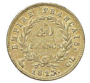 reverse:  NAPOLEONE I  (1804-1814)  40 Franchi 1813  CL, Genova   Pagani 22   Mont. 99   Gig. 9   Au   12,84 g   26 mm   RRRR   • Ex InAsta 34/927; coniata in più emissioni per 3.034 pezzi. Ottimi rilievi, ma con alcuni colpetti al bordo, altrimenti   buon BB  