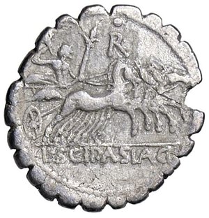 reverse: ROMANE REPUBBLICANE - CORNELIA - L. Cornelius Scipio Asiagenus (106 a.C.) - Denario serrato B. 24; Cr. 311/1  (AG g. 3,41). qBB