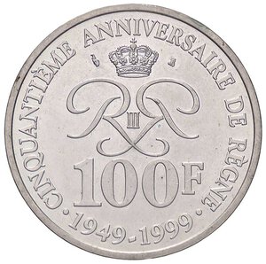 reverse: ESTERE - MONACO - Ranieri III (1949-2005) - 100 Franchi 1999 - 50° Anniversario del regno Kr. 175  AG  Segno sulla fronte. qFDC