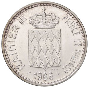 reverse: ESTERE - MONACO - Ranieri III (1949-2005) - 10 Franchi 1966 - Anniversario Carlo III ESSAI Kr. E56 RRR AG 100 pezzi coniati. FS