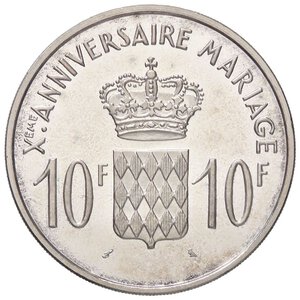 reverse: ESTERE - MONACO - Ranieri III (1949-2005) - 10 Franchi 1966 - X Anniversario del matrimonio Gad. 154  AG. FS