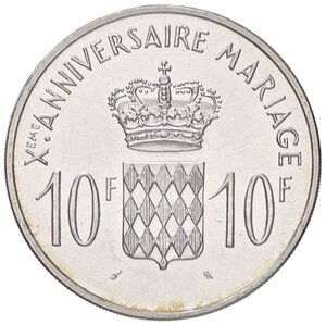 reverse: ESTERE - MONACO - Ranieri III (1949-2005) - 10 Franchi 1966 - X Anniversario del matrimonio Gad. 154  AG. qFDC