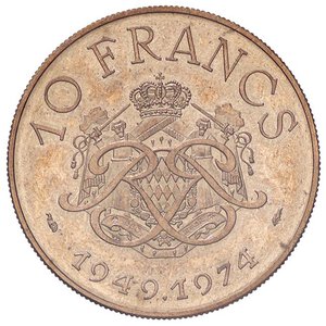 reverse: ESTERE - MONACO - Ranieri III (1949-2005) - 10 Franchi 1974 - XXV Anniversario di Regno ESSAI Kr. E63 R OT 1000 pezzi coniati. qFDC