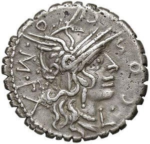 obverse: ROMANE REPUBBLICANE - COSCONIA - L. Cosconius M. f. (118 a.C.) - Denario serrato B. 1; Cr. 282/2  (AG g. 3,89). BB