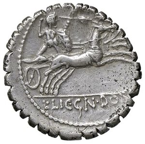 reverse: ROMANE REPUBBLICANE - COSCONIA - L. Cosconius M. f. (118 a.C.) - Denario serrato B. 1; Cr. 282/2  (AG g. 3,89). BB