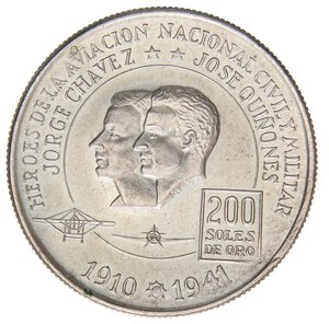 obverse: ESTERE - PERU  - Repubblica (1822) - 200 Soles 1975 - Gli eroi dell aviazione Chavez e Guinones Kr. 262  AG. SPL-FDC