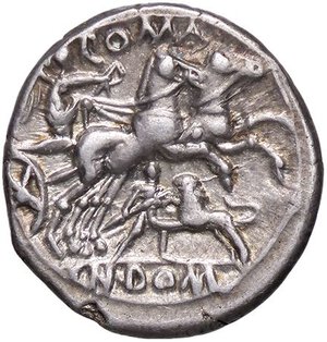 reverse: ROMANE REPUBBLICANE - DOMITIA - Cn. Domitius Ahenobarbus (128 a.C.) - Denario B. 14; Cr. 261/1  (AG g. 3,9) Bella patina - Ex Global Aste 3, lotto 79. qSPL