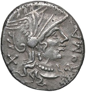 obverse: ROMANE REPUBBLICANE - DOMITIA - Cn. Domitius Ahenobarbus (116-115 a.C.) - Denario B. 7; Cr. 285/1  (AG g. 3,81). BB/qBB