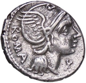 obverse: ROMANE REPUBBLICANE - FLAMINIA - L. Flaminius Chilo (109-108 a.C.) - Denario B. 1; Cr. 302/1  (AG g. 3,91). qBB