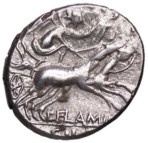 reverse: ROMANE REPUBBLICANE - FLAMINIA - L. Flaminius Chilo (109-108 a.C.) - Denario B. 1; Cr. 302/1  (AG g. 3,91). qBB