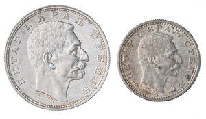 obverse: ESTERE - SERBIA - Pietro I (1903-1921) - Dinar 1912 A Kr. 25.1  AG  Graffio - Assieme a 50 para 1915 qFDC - 2 monete. BB