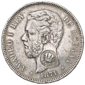 obverse: ESTERE - SPAGNA - Amedeo I (1871-1873) - 5 Pesetas 1871 (71) SD M Kr. 666  AG Contromarca al D/, governo portoghese, per le Azzorre. BB