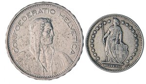 obverse: ESTERE - SVIZZERA - Confederazione  - 5 Franchi 1932 Kr. 40  AG Assieme a franco 1934. BB÷SPL