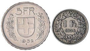 reverse: ESTERE - SVIZZERA - Confederazione  - 5 Franchi 1932 Kr. 40  AG Assieme a franco 1934. BB÷SPL