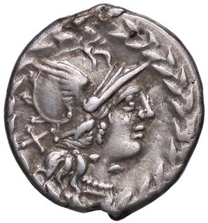 obverse: ROMANE REPUBBLICANE - GELLIA - Cn. Gellius (138 a.C.) - Denario B. 1; Cr. 232/1  (AG g. 3,87). bel BB