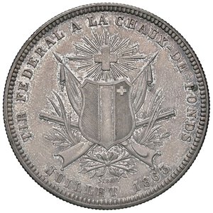 reverse: ESTERE - SVIZZERA - Tiri Federali  - 5 Franchi 1863 - Neuchâtel Kr. S7 R AG  Colpetto ripreso. SPL