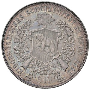 reverse: ESTERE - SVIZZERA - Tiri Federali  - 5 Franchi 1885 - Berna Kr. S17  AG  Colpetto. SPL