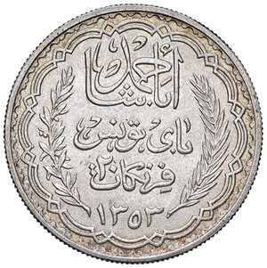 obverse: ESTERE - TUNISIA - Ahmad Pasha Bey (1929-1942) - 20 Franchi 1934 (AH 1353) Kr. 263  AG. qFDC