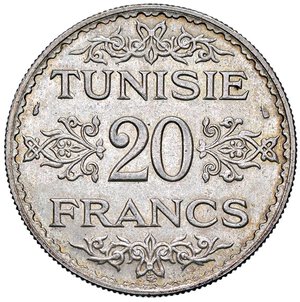 reverse: ESTERE - TUNISIA - Ahmad Pasha Bey (1929-1942) - 20 Franchi 1934 (AH 1353) Kr. 263  AG. qFDC