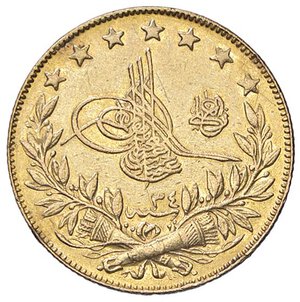 obverse: ESTERE - TURCHIA - Abdul Hamid II (1876-1909) - 100 Kurush 1293 (1905) Kr. 741  (AU g. 7,15) Da montatura. meglio di MB