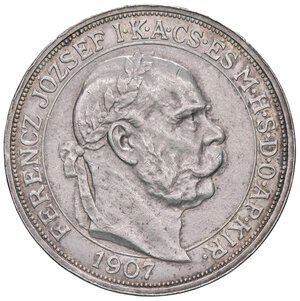 obverse: ESTERE - UNGHERIA - Francesco Giuseppe (1848-1916) - 5 Corone 1907 Kr. 489  AG  Colpetti. qSPL