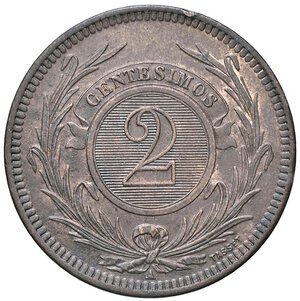 reverse: ESTERE - URUGUAY - Repubblica (1830) - 2 Centesimos 1869 A Kr. 12  CU  Segnetti al ciglio. bello SPL