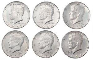 obverse: ESTERE - U.S.A.  - Mezzo dollaro 1964-1969- Kennedy Kr. 202  AG Insieme delle 6 monete. SPL÷qFDC