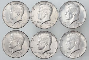 obverse: ESTERE - U.S.A.  - Mezzo dollaro 1964-1969- Kennedy Kr. 202  AG Insieme delle 6 monete. SPL÷qFDC