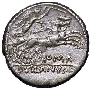 reverse: ROMANE REPUBBLICANE - JUNIA - D. Junius Silanus L. f. (91 a.C.) - Denario B. manca; Cr. 337/2c  (AG g. 4). qSPL