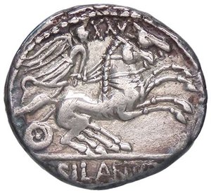 reverse: ROMANE REPUBBLICANE - JUNIA - D. Junius Silanus L. f. (91 a.C.) - Denario B. 15; Cr. 337/3  (AG g. 3,82). BB+